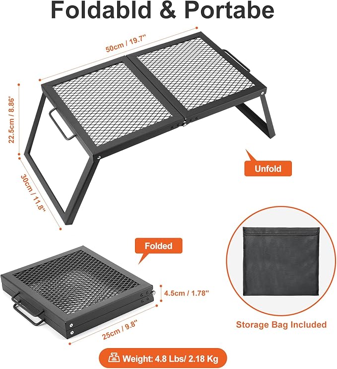 Odoland Folding Campfire Grill, Heavy Duty Steel Mesh Grate with Folding Legs and Storage Bag, Portable Camping Grates, Over Fire Pit Grill Rack for Outdoor Cooking and Bonfire