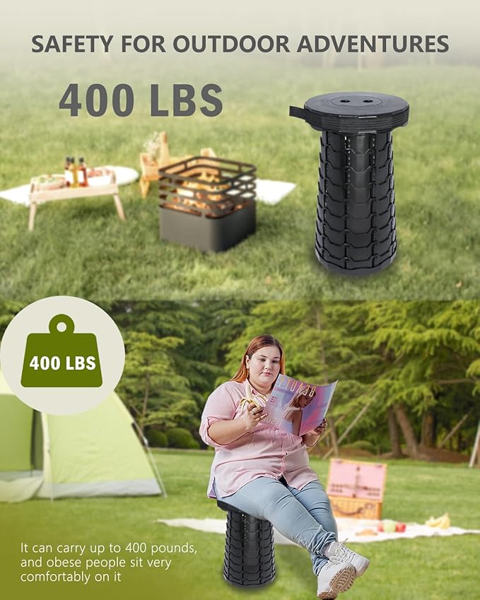 Upgraded Foldable Thickened Collapsible Stool, Portable Folding Seat, Adjustable Height Retractable, Suitable for Fishing, Hiking, Camping, BBQ, Party, Outdoor (Black)
