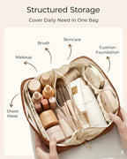 BAGSMART Makeup Bag Travel Cosmetic Bag, Large Make Up Bag Flat Open Toiletry Bag for Women, PU Leather Travel Essentials Organizer Case, Wide-open Pouch Purse for Skincare, Brushes, Coffee Brown
