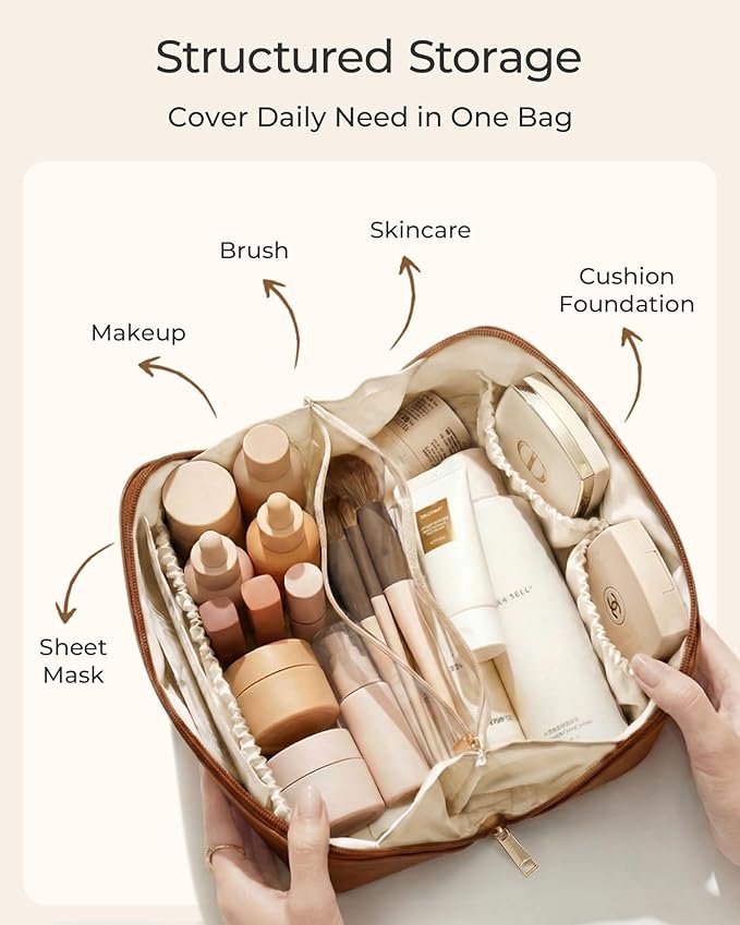 BAGSMART Makeup Bag Travel Cosmetic Bag, Large Make Up Bag Flat Open Toiletry Bag for Women, PU Leather Travel Essentials Organizer Case, Wide-open Pouch Purse for Skincare, Brushes, Coffee Brown
