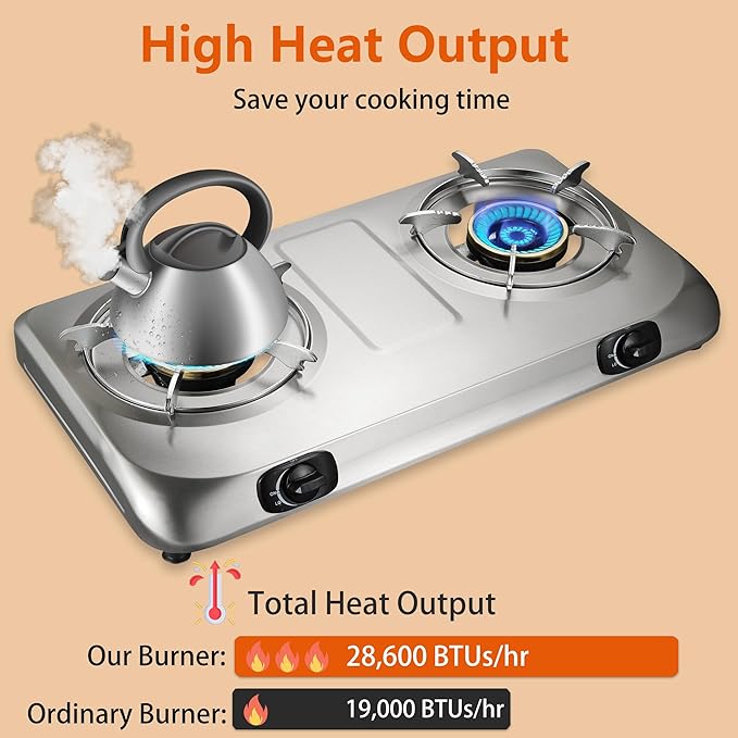 Propane Stove 2 Burner Gas Stove Top, 27200 BTU High-Efficiency LPG Metal Cooktop With Auto Ignition, CSA Regulator and Hose, Perfect for Outdoor Kitchen, Camping, RV & Emergency Cooking