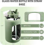 BLUEGO 84oz Water Bottle Glass with Stainless Steel Handle Large 2.5l Water Bottle with Time Markers and Silicone Sleeve Half Gallon Water Jug BPA Free for Gym Daily Use, Olive