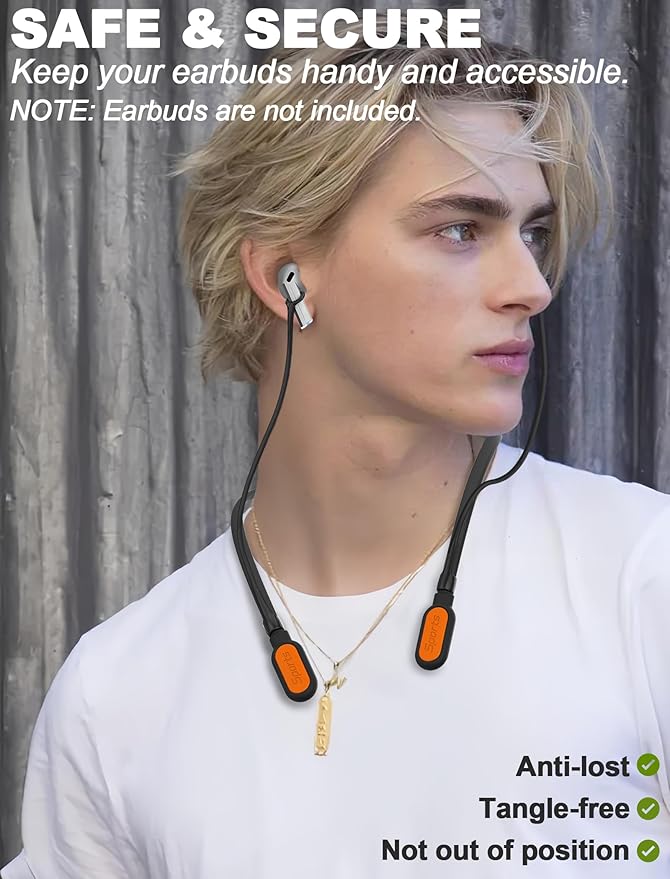 HALLJOY for Galaxy Buds 4/4 Pro/Buds 3/3 Pro Strap Neckband, Anti-Lost Accessories, Support Volume Control, Ergonomic Design, Fit Airpods Pro 3/2/1, Airpods 4, 3, 2, 1, Black Band/Orange Tip