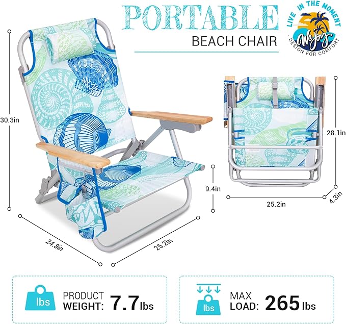 #WEJOY Folding Beach Chair for Adults, 4-Position Aluminum Lightweight Beach Chair, Low Sands Chairs with Shoulder Strap, Cup Holder and Padded Headrest, Supports 265lbs for Lawn
