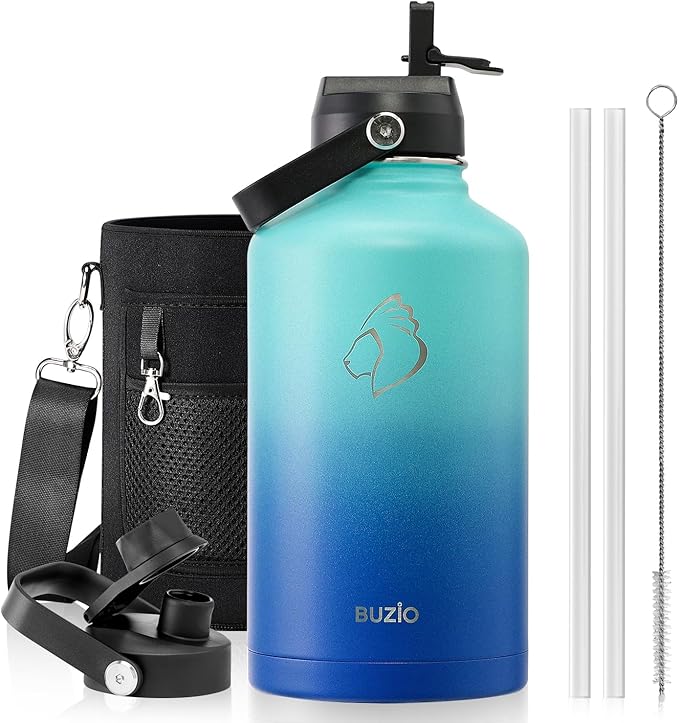 BUZIO Vacuum Insulated Stainless Steel Water Bottle 64oz (Cold for 48 Hrs/Hot for 24 Hrs) BPA Free Double Wall Travel Mug/Flask for Outdoor Sports Hiking, Cycling, Cam,Camping, Running, Pacific Dream