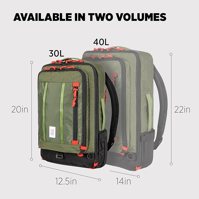 Topo Designs Global Travel Bag – 30L or 40L - Carry-On Compliant Most Airlines, Durable Travel Duffel Bag, Clam Shell Main Pocket, Laptop Sleeve, Backpack, Luggage (30L / Olive)