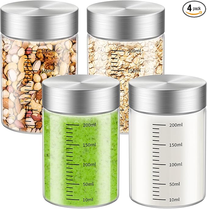 8 Oz Glass Juice Bottles, 4 Pack Glass Bottles with Lids, BPA Free, Borosilicate Glass, Leak Proof Lids for Juicing, Smoothies, Infused Water, Beverage Storage, Shaker Bottles