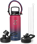 Trebo 32oz Water Bottle Insulated with Paracord Handle and Straw,Vacuum Double Wall Stainless Steel Water Jug Keep Cold 48 Hours, Water Flask with 3 Lids for Men Women Sports,Travel,Ruby Red