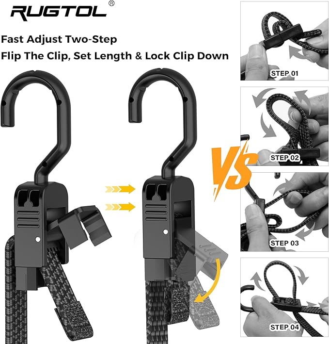 Bungee Cords with Hooks, 48 Inch Adjustable Flat Bungee Straps with Quick Release Buckle, Rubber Black Heavy Duty Elastic Cords with Metal Hooks for Bike Rack, Outdoor, Camping, Tarp, 6 Pack