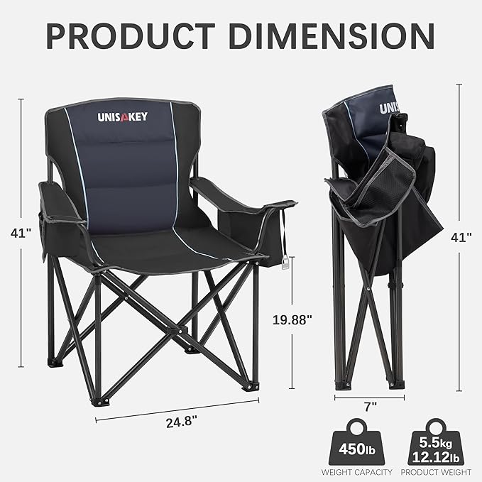 Oversized Folding Camping Chair for Adults - 450lbs Support - Heavy Duty Portable Lawn Chairs with Side Pocket Cup Holder Cooler Bag for Sports Garden Beach Fishing, Black 2 Pack