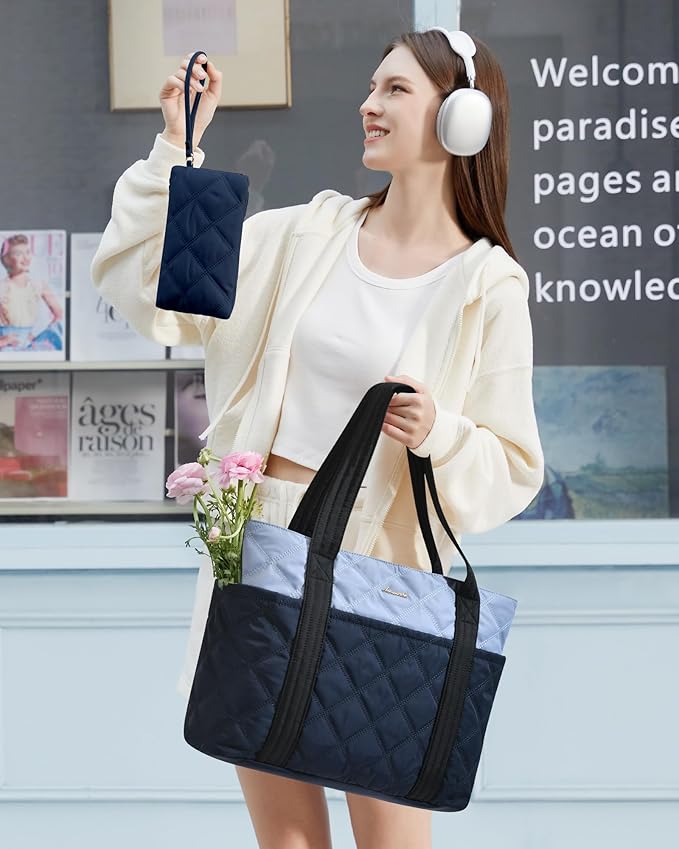 LOVEVOOK Puffer Tote Bag for Women, Puffy Work Handbag, Travel Shoulder Carry On Bag with Zipper for Teacher Nurse Gym