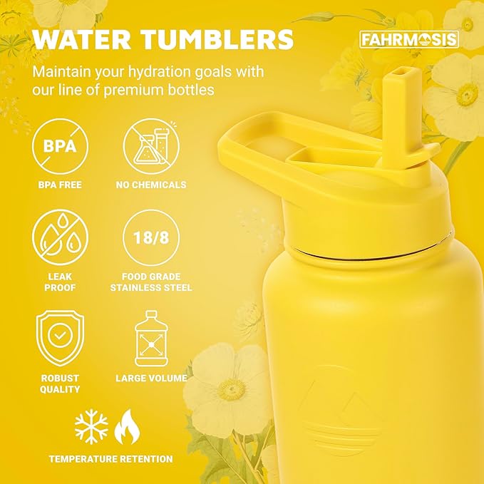 32 Oz Insulated Water Bottle with Strap Stainless Steel Sports Water Bottle with 3 Lids (Straw, Chug & Flip Lid) 1 Liter Leak Proof Insulated Metal Jug for Men & Women - Yellow