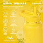 32 Oz Insulated Water Bottle with Strap Stainless Steel Sports Water Bottle with 3 Lids (Straw, Chug & Flip Lid) 1 Liter Leak Proof Insulated Metal Jug for Men & Women - Yellow
