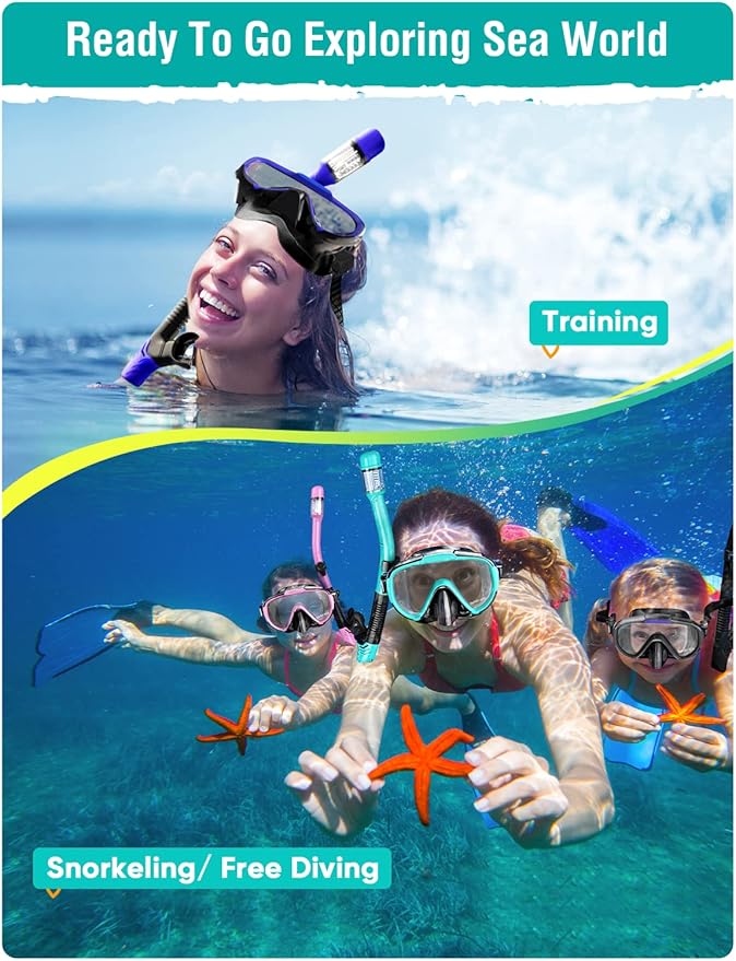 Snorkel Set Adults Snorkeling Gear Anti-Fog Panoramic View Swim Mask Dry Top Snorkel Kit with Carry Bag for Snorkeling Scuba Diving Swimming Travel