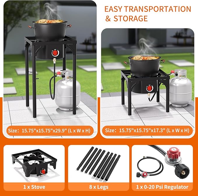 Propane Burner, 75,000 BTU High Pressure Single Gas Stove with 0-20 PSI Adjustable Regulator, Camping Stove with 8 Detachable Legs for Camping, Backyard, Tailgating, Outdoor Cooking