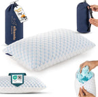 alkamto Cooling Shredded Memory Foam Pillow for Travel and Camping – Adjustable Gel for Personalized Support – Double-Sided Ice Silk & Soft Rayon – Lightweight, Compressible (White) (Travel)