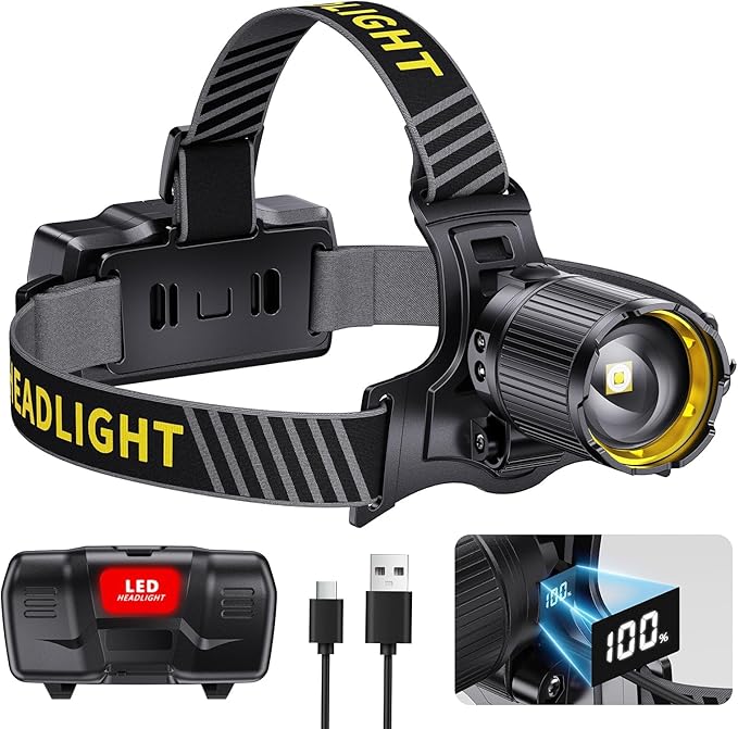 YNYS led headlamp Rechargeable,60H Bright Headlights with Sensor&Digital Display, Zoomable,12 Modes,120°Adjustable,Waterproof Head lamp for Working Camping Fishing Hiking
