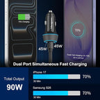 2 Pack 90W USB C Car Charger Super Fast Charging for iPhone 17 Pro Max/Air/16/15/iPad, Samsung S26 Android Phone, Dual 45W PD Port Auto Accessories, 12V Cigarette Lighter Adapter + 6.6 ft Type C Cord