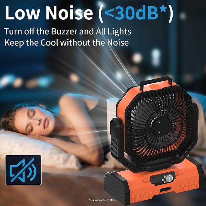 12 Inch Portable Camping Fan, 40000mAh Rechargeable Battery Powered Fan with 4 Speeds Wind and LED Light 140H, Cool & Warm Light and SOS Mode, Auto Oscillating, 360° Rotating Hang Hook(Orange)