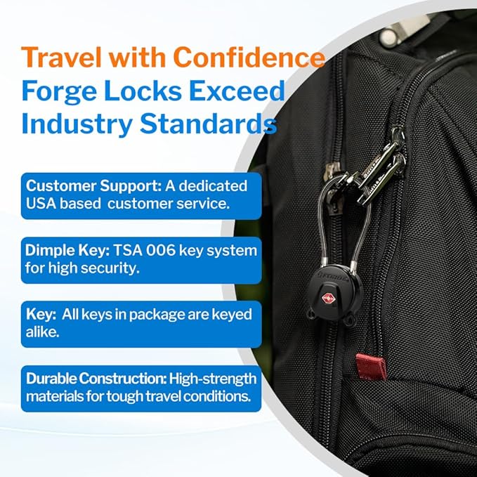 FORGE TSA Approved Luggage Locks Keyed Alike, TSA006 Dimple Key Cable Locks for Luggage, All Metal Zinc Alloy Travel Padlock for Luggage, Suitcase, Backpack, Gym Bags & Toolbox, Black 4 Cable Locks