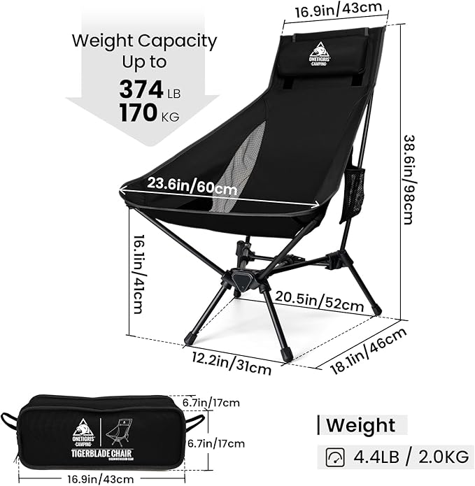 OneTigris Tigerblade High Back Camping Chair with Pillow Design, Comfortable Widened Seat Folding Chair