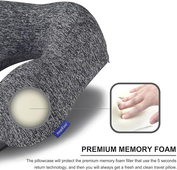 napfun Travel Pillow for Airplane, Premium Memory Foam Neck Pillow for Flight Headrest Sleep, Portable Plane Accessories, Deep Gray