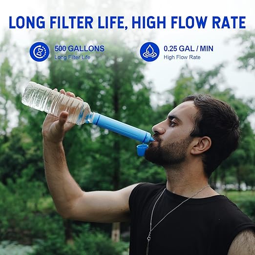 Greeshow Portable Water Filter Straw, Personal Water Filtration System, Replaceable Filter Cartridge, Outdoor Water Purifier Emergency Survival Gear for Hiking Camping Backpacking, GS-28H1, 3 Pack