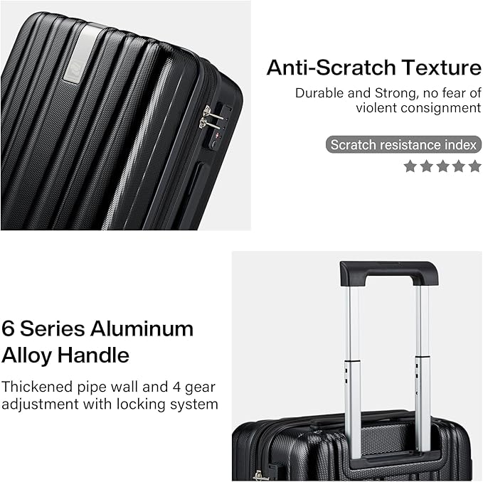 Hanke 24 Inch Expandable Checked Luggage Lightweight PC Hard Shell luggage Suitcases with Wheels Travel Luggage Rolling Large Suitcase Travel Luggage Bag for Go To University.(Jet Black)