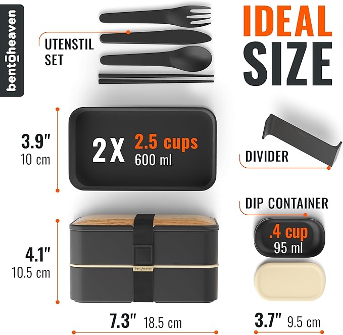 Bentoheaven Premium Bento Box Adult Lunch Box with Compartments for Women & Men, Set of Utensil & Chopsticks & Dip Container, Cute Japanese Kids Bento Lunch Box, Microwavable (Symph Onyx)