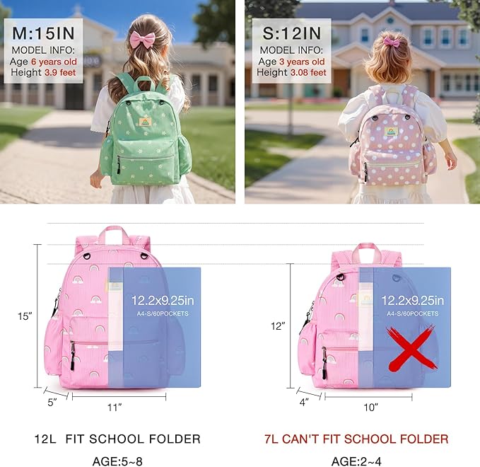 STEAMEDBUN Corduroy Kids Backpack for Girls 5-8: Girls Backpack for Elementary Kindergarten - 15 inch Cute Backpacks for Kids - Rainbow