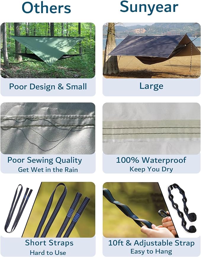 Sunyear Hammock Camping with Rain Fly Tarp and Net, Portable Camping Hammock Double Tree Hammock Outdoor Indoor Backpacking Travel & Survival, 2 Tree Straps,100% Waterproof