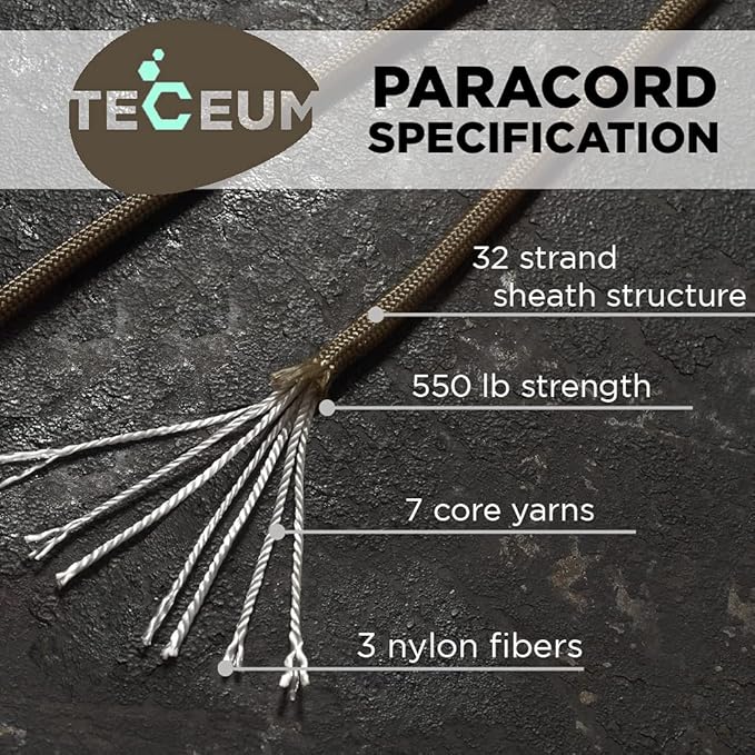TECEUM 5/32" Paracord Rope 1000 – 1000ft / 200ft / 100ft / 50ft – Tactical Parachute Cord 4mm – 45+ Colors – Nylon String for Survival & Camping Gear – Stripe Cord for Survival – Utility Rope