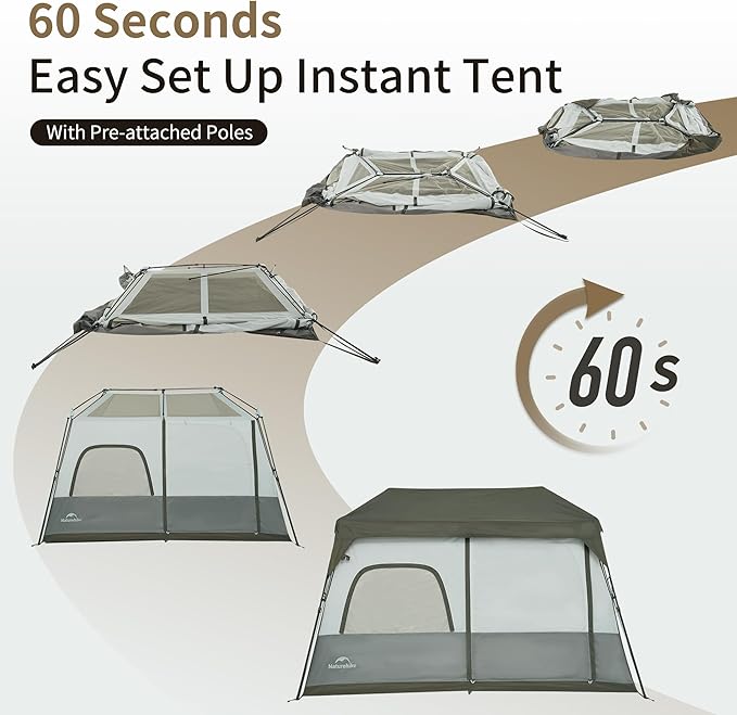 Naturehike Cape 4/6/8 Person Camping Tent, 60S Easy Setup Instant Tent Pop up Tent, Waterproof Large Tall 6/8 Person Tents for Camping, Car Camping