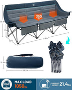 TIMBER RIDGE Padded 3 Person Camping Chair with Cup Holders and Pockets, Outdoor Folding Loveseat Camping Chairs, 1050lbs Capacity Heavy Duty Camp Couch for Outside Picnic, Beach, Lawn, Sports, Blue