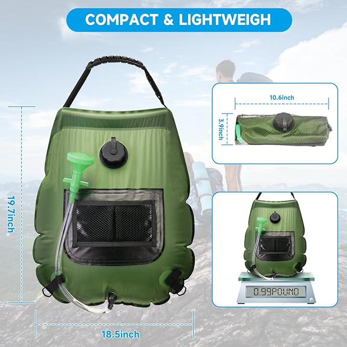 Solar Portable Shower Bag, 5 Gal/20L Solar Heating Outdoor Camping Shower Bag with On-Off Switchable Shower Head&Removable Hose Suitable for Camping, Hiking, Travel, Beach Swimming