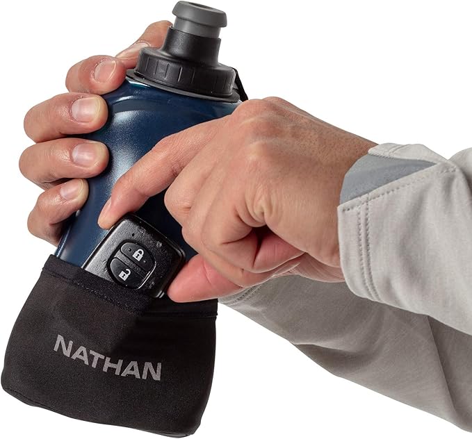Nathan Running Handheld Water Bottle Adjustable No-Grip Quick Squeeze Lite Hand Strap. 12 oz Insulated Water Bottle. Reflective Hydration