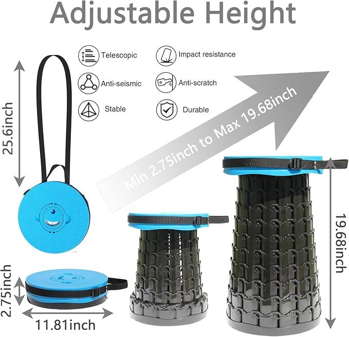 Upgraded XXL Collapsible Stool with Cushion,19.7"H-11.8"D Telescoping Folding Stool for Adults,More Sturdy Portable Camping Stools with Load Capacity 1000lbs for Outdoor,Garden,Fishing,Hiking