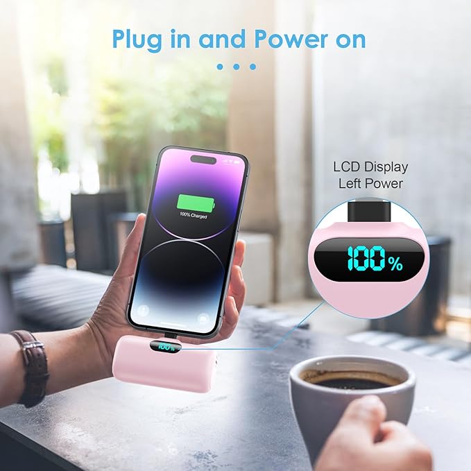 Mini Portable Charger USB C Power Bank,Upgraded 5000mAh PD Fast Charging Battery Pack Built-in USB-C Connector,LCD Display,Compatible with iPhone16,16 Plus,16Pro/Max/15,iPad Pro/Air,Android Phone etc
