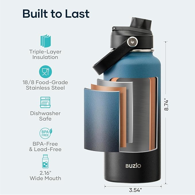 BUZIO Water Bottle with Straw Lid and Flex Cap, 32oz Modern Double Vacuum Stainless Steel Water Flask, Cold for 48 Hrs Hot for 24 Hrs Simple Thermo Canteen Mug, Indigo Black