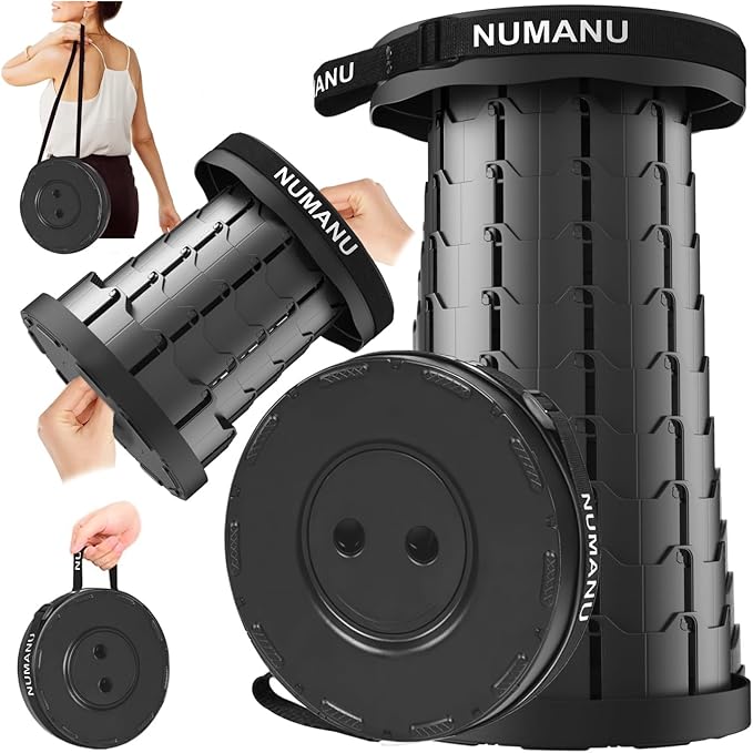 Portable Collapsible Stool, Lightweight & Sturdy, Adjustable Height Telescopic Folding Stool for Adults, Retractable Camping Chair, Telescoping Seat or Footrest for Home & Outdoors, 18"H Max 400lb