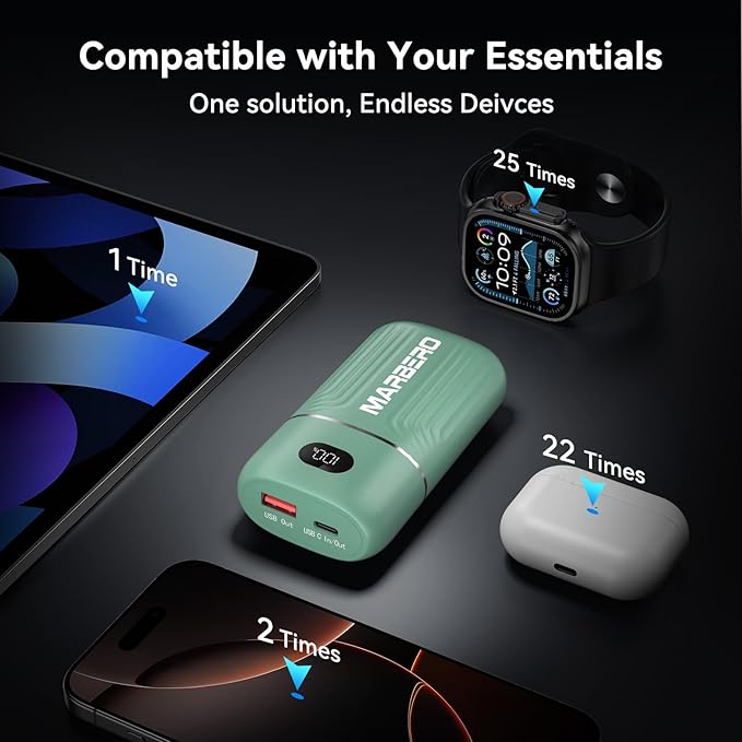 MARBERO 10000mAh Cell Phone Battery Bank 18W USB C in & Out High-Speed Charging Battery Pack Phone Charger Portable Compatible with iPhone iPad Sumsung Galaxy Google and More (Green)