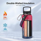 Trebo 32oz Water Bottle Insulated with Paracord Handle and Straw,Vacuum Double Wall Stainless Steel Water Jug Keep Cold 48 Hours, Water Flask with 3 Lids for Men Women Sports,Travel,Ruby Red