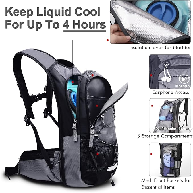 Insulated Hydration Backpack Pack with 3L BPA Free Leak Proof Water Bladder, Large Storage Lightweight Hiking Daypack with Waist Pouches & Cooler Layer, for Running, Biking, Camping, Festival