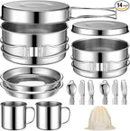 14 Piece Camp Cooking Set, Stainless Steel Camping Cookware with Pot and Pan Kit 2 Set Stainless Steel Cups Plates Forks Knives Spoons for Camping, Backpacking, Outdoor Cooking and Picnic