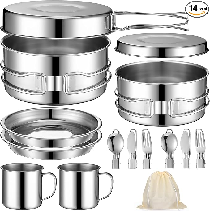 14 Piece Camp Cooking Set, Stainless Steel Camping Cookware with Pot and Pan Kit 2 Set Stainless Steel Cups Plates Forks Knives Spoons for Camping, Backpacking, Outdoor Cooking and Picnic