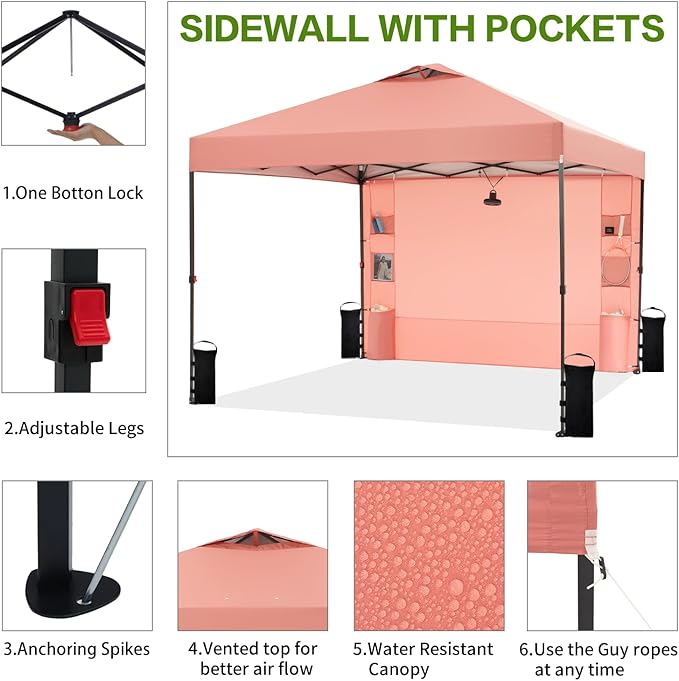 10'x10' Pop Up Canopy Tent with 1 Sidewall and 6 Pockets, One Push Setup, Instant Shade Tent with Vented Roof for Beach Patio Outdoor, Case, 8 Stakes, 4 Ropes, 4 Sandbags (Ocher, 10x10)