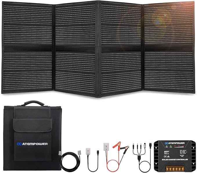 ATEM POWER 200W Portable Solar Panel - Foldable Solar Charger Monocrystalline with 20A MPPT Charger Controller 5V USB Output for 12V Batterires/Power Station Outdoor Camper RV Off Grid