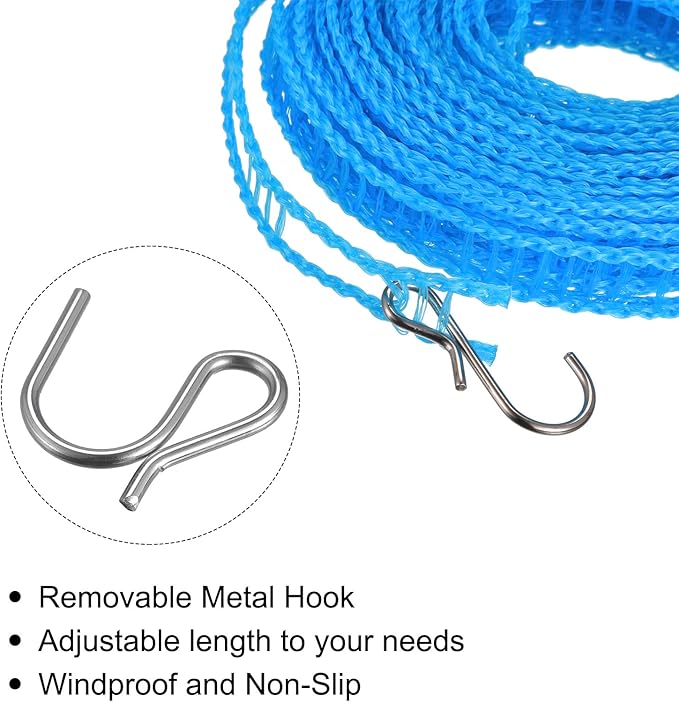 uxcell Portable Clothesline, 9.84ft Nylon Windproof Non-Slip Washing Line Rope for Courtyard Outdoor Travel Camping Laundry Drying, Blue