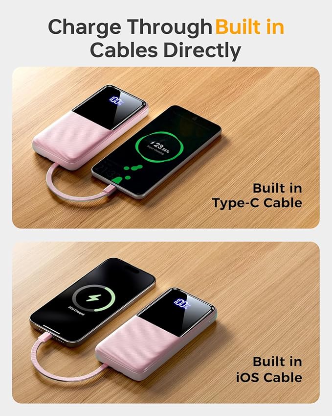 Portable Charger Power Bank - 20000mAh Fast Charging Portable Battery Pack with Built in USB-C(22.5W) and iOS(20W) Output Cables (1 Pack, Pink)