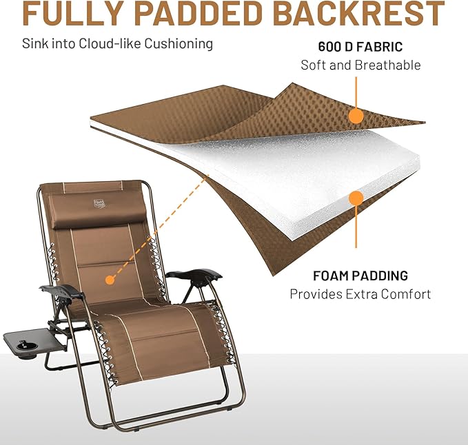 TIMBER RIDGE Oversized Zero Gravity Chair, 33In Wide XXL Zero Gravity Reclining Chair with Side Table, Full Padded Lounge Chair for Outdoor Camping Patio Lawn, Heavy Duty Supports 500lbs, Brown-2 Pack
